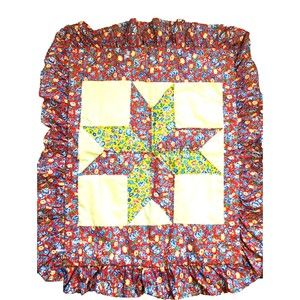 Ruffled colorful ruffled patchwork 2 shams standard red yellow star pattern
